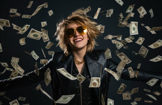 AI generated young blonde brunette woman posing with sunglasses in a black leather jacket photo