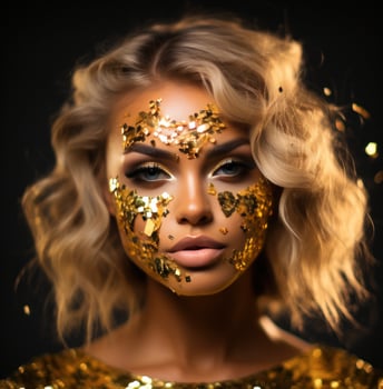 AI generated girl with gold face paint and glittering hair, photo