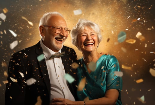 AI generated senior couple laughing as confetti falls and fireworks are shown photo