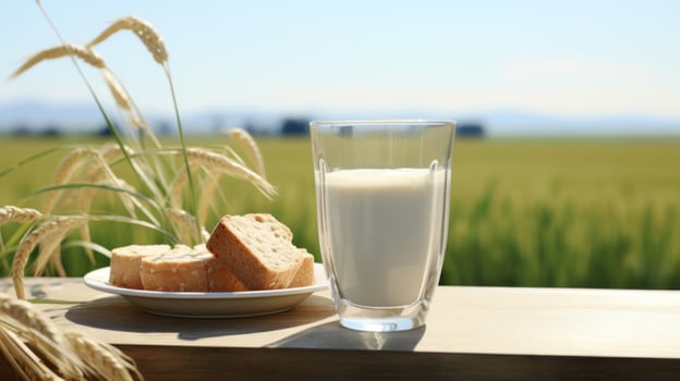 AI generated two glasses of milk and a loaf of bread on a wooden table with grassy surroundings photo