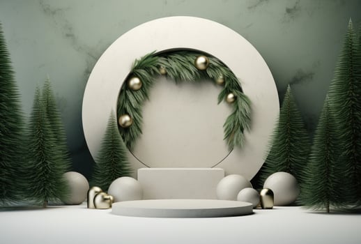 AI generated white podium with Christmas trees and decorations on a green background photo