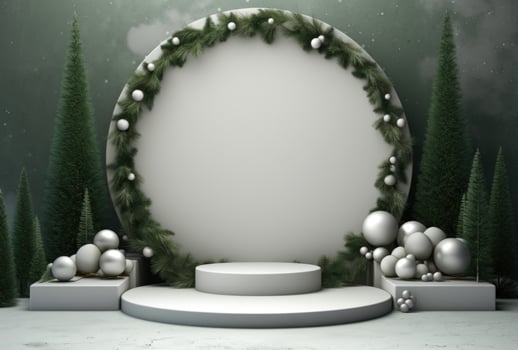 AI generated white podium with Christmas trees and decorations on a green background photo