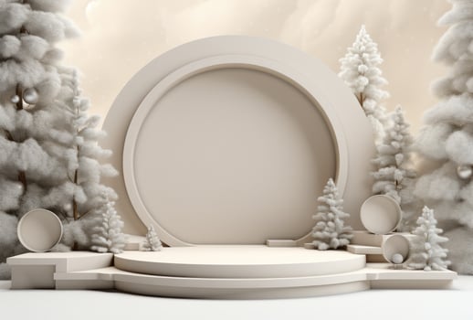 AI generated christmas stage backdrop indoors, round tree on stage with tree stumps in the middle photo