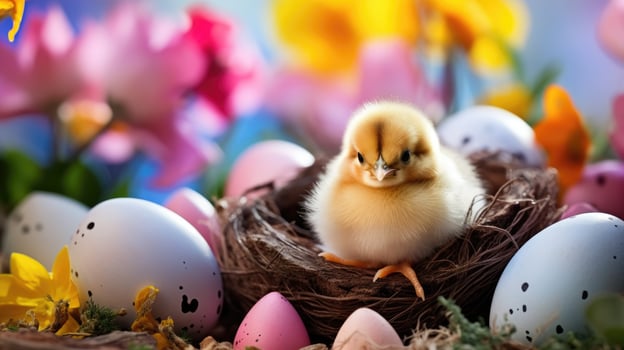 AI generated a cute chick hatching out of a speckled egg photo