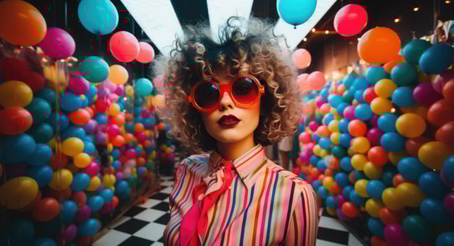 AI generated a young woman wearing party glasses and taking her picture at a dance hall photo