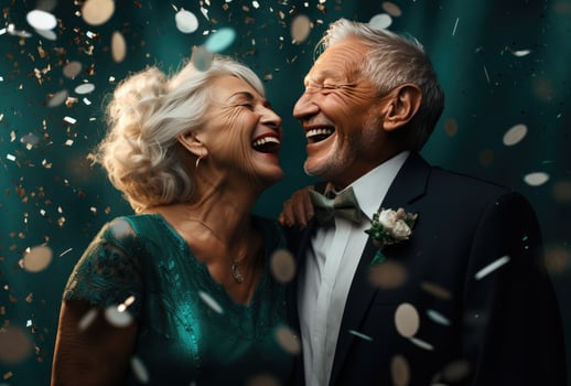 AI generated an elderly couple laughing, hugging and bouncing confetti photo