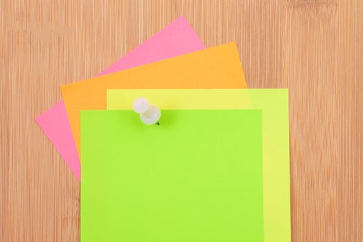 Colored Sticky Notes with Copyspace Pinned to the Wooden Message Board. To Do List Reminder in Office. Blank Memo Sticker at Work Template. Empty Checklist Mockup photo