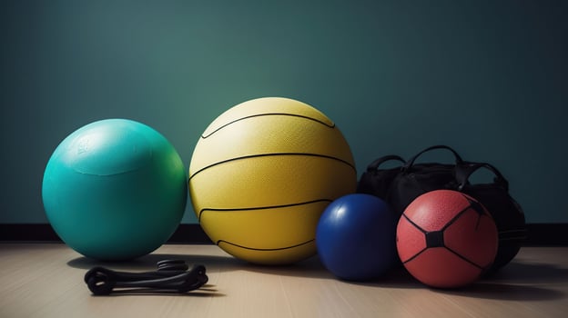 AI generated Set of sports equipment with fitness ball near light wall photo