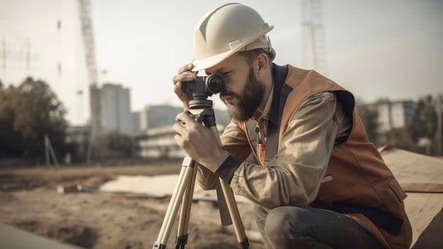 AI generated Smart civil architect engineer inspecting and working outdoors structure building site with blueprints. engineering and architecture concept photo