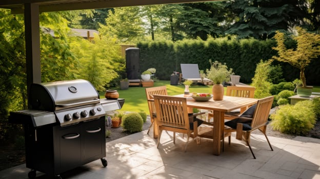 AI generated The Charms of a Beautiful Backyard Featuring a Well-Equipped Barbeque Area and Cozy Dining Table photo