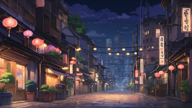 AI generated Retro Asian City Street at Night Illustration. Old Traditional Town with Anime Style Concept photo