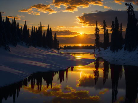 AI generated An image of a vibrant sunset over a serene lake, with colorful reflections shimmering on the water with snow photo