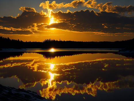 AI generated An image of a vibrant sunset over a serene lake, with colorful reflections shimmering on the water with snow photo