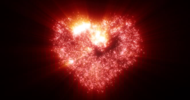 Abstract red love heart made of small bright glowing particles of energy festive background for Valentine's day photo