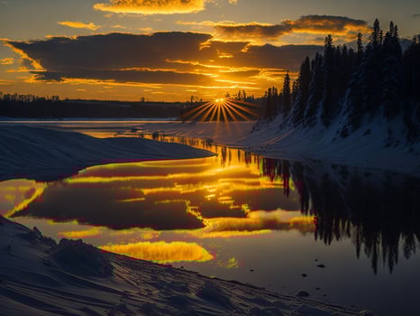 AI generated An image of a vibrant sunset over a serene lake, with colorful reflections shimmering on the water with snow photo