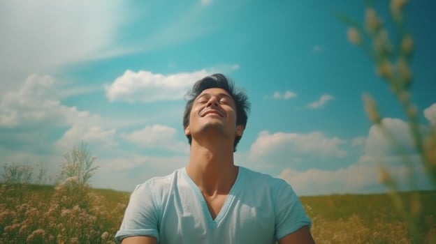 AI generated Calm Happy Smiling Man with Closed Eyes on the Fields. Free, Peace, Beautiful Moment Concept photo