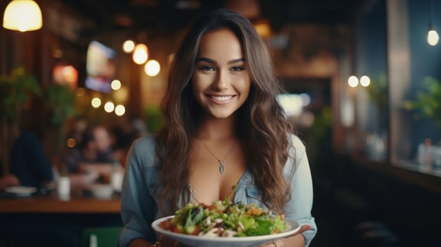 AI generated photo reality Beautiful woman eating healthy salad in restaurant
