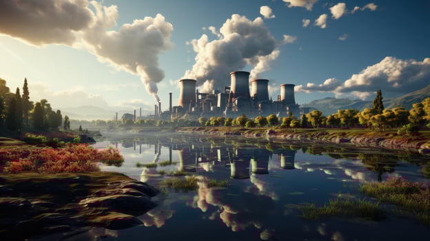 AI generated Industrial nuclear power plant with large pipes cooling towers, power equipment, nuclear clean energy photo