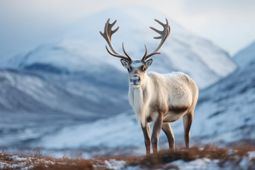 AI generated Reindeer with big antlers walking in winter tundra. photo