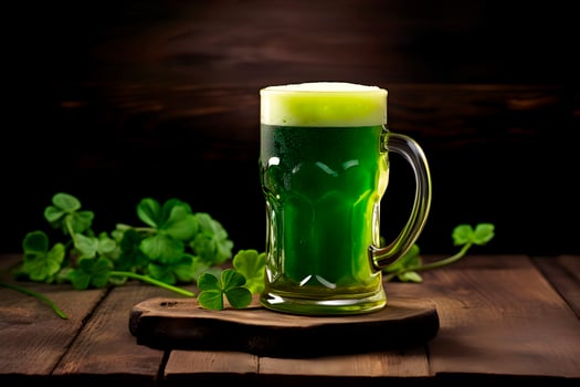 AI generated Green beer next to a clover for St. Patricks Day. AI generated photo