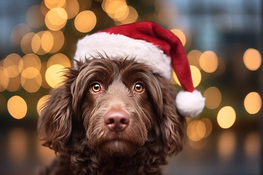 AI generated Dog wearing red santa claus hat christmas tree in the background, Generative AI. photo