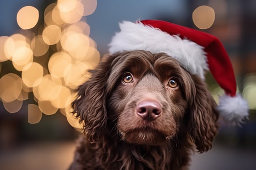AI generated Dog wearing red santa claus hat christmas tree in the background, Generative AI. photo