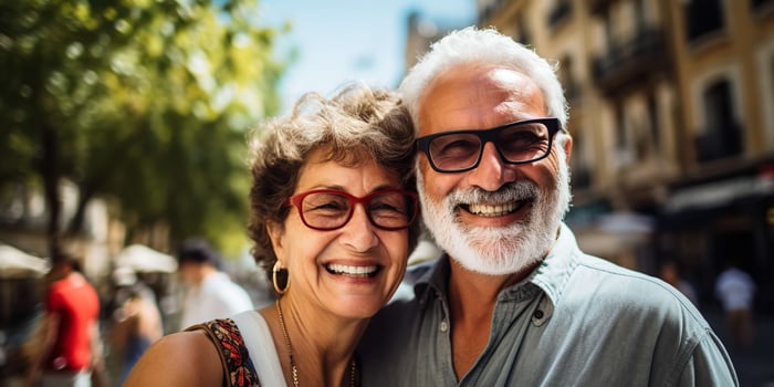 AI generated Senior couple on their way, walking down a city street, Generative AI. photo