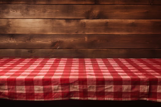 AI generated A Red Checkered Tablecloth on a Wooden Table, Set against a Wooden Background photo