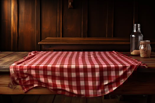 AI generated A Red Checkered Tablecloth on a Wooden Table, Set against a Wooden Background photo