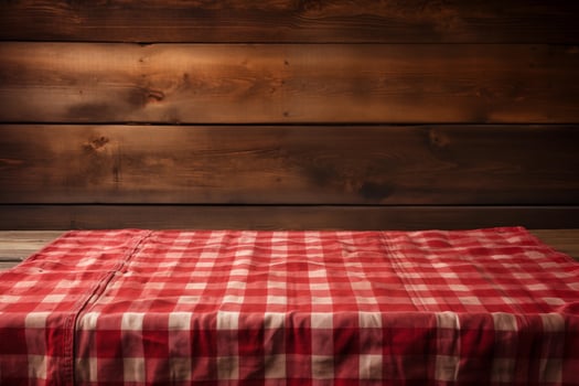 AI generated A Red Checkered Tablecloth on a Wooden Table, Set against a Wooden Background photo