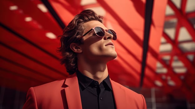AI generated Stylish man in red jacket wearing sunglasses with red architecture in background photo