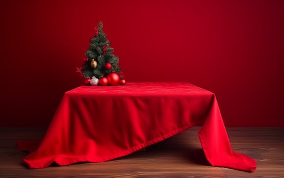 AI generated Empty wooden table top New Year's elegant Christmas tree blue background photo