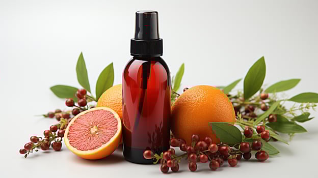 AI generated Amber plastic spray in grapefruit fall berries ai generated bottle mockup photo