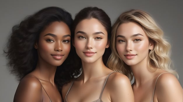 AI generated Beautiful young multiethnic women with natural makeup. Advertising for female fashion models, face and body skin care. photo
