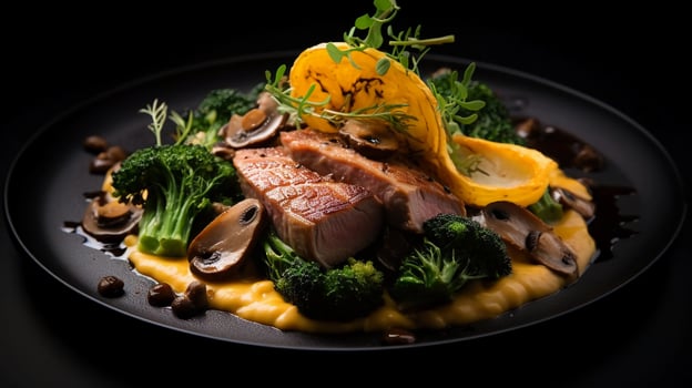 AI generated reality Dark photo of a sumptuous dish with duck breast and roasted pumpkin puree, mushrooms and greens