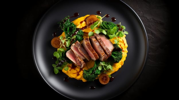 AI generated reality Dark photo of a sumptuous dish with duck breast and roasted pumpkin puree, mushrooms and greens