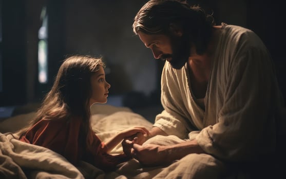 AI generated Jesus heals the daughter of Jairus. Generative AI photo
