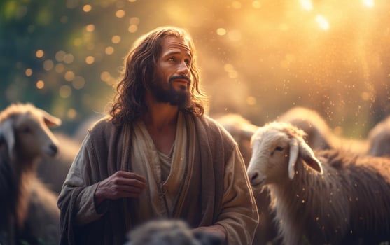 AI generated A bible jesus shepherd with his flock of sheep during sunset. Generative AI photo