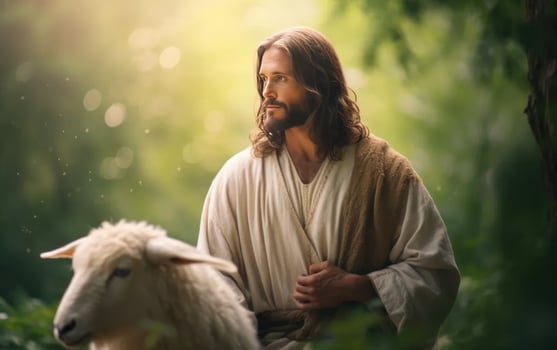 AI generated A bible jesus shepherd with his flock of sheep during sunset. Generative AI photo