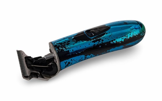 a blue and black electric shaver on a white background photo