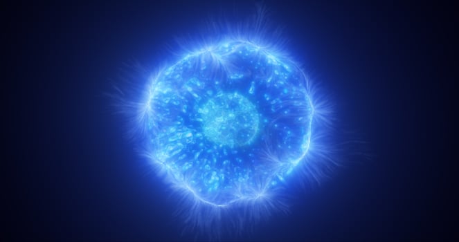 Abstract blue energy glowing digital sphere atom made of iridescent energy from moving electric plasma liquid on black background photo