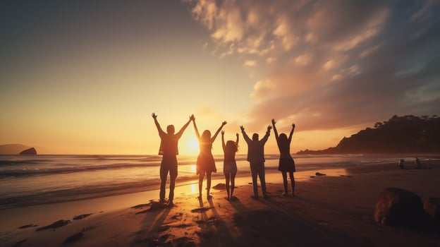 AI generated silhouette of happy people on the beach at sunset photo