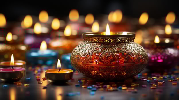 AI generated Diwali festival poster. Diwali holiday shiny background with diya lamps and rangoli, Generative AI. photo