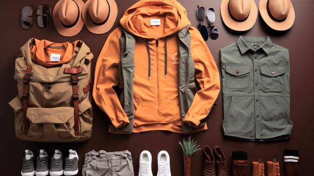 AI generated Outfit of traveler, hiker or tourist on brown background. photo