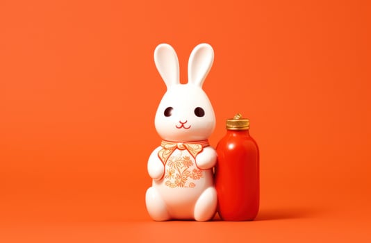 AI generated a bunny holding a bottle on a red background, photo
