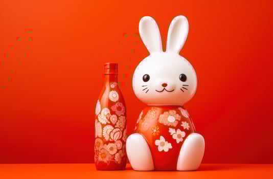 AI generated a bunny holding a bottle on a red background, photo