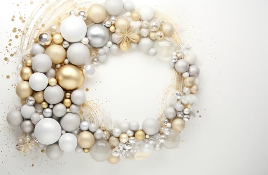 AI generated a christmas wreath, ornaments and decor scattered throughout a white photo