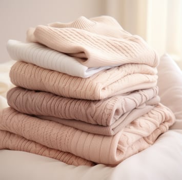AI generated a pile of white, cream and gray knit sweaters. photo