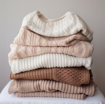 AI generated a pile of white, cream and gray knit sweaters. photo