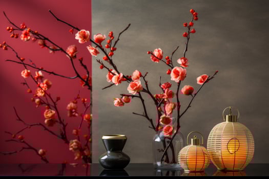 AI generated a vase of flowers with lanterns on it against the wall of a room. photo
